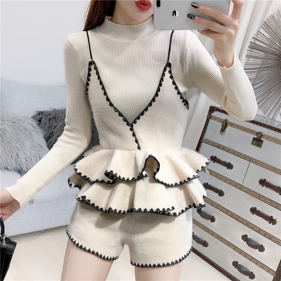 ALPHALMODA, вязаный свитер+ жилет с рюшами+ шорты, Женский Стильный костюм из 3 предметов, новинка, осенне-зимний модный комплект одежды