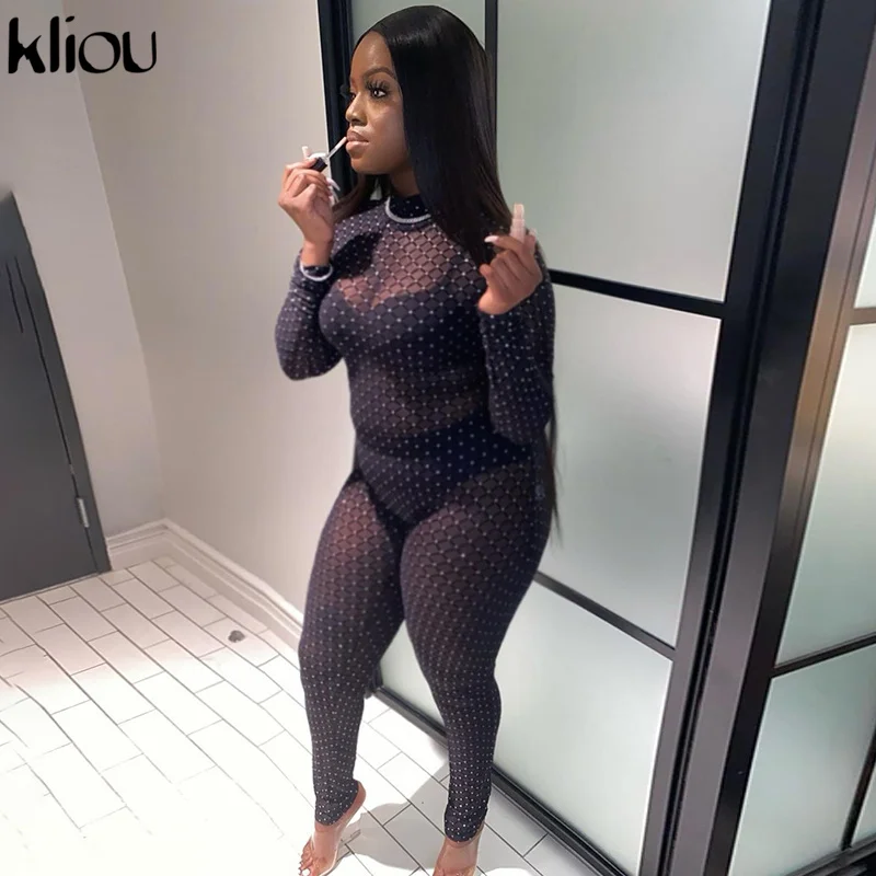 

Kliou Mesh Plaid Sheer Jumpsuit Women 2021 Turtleneck Streetwear Sexy See Through Skinny Midnight Clubwear One Piece Outfits