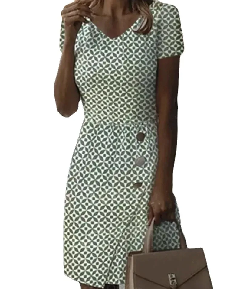 

Nice Summer Pop Sleeveless Printed Green Button Casual Dress