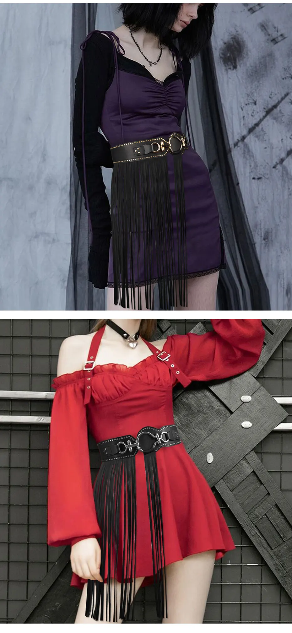 Luxus Design Maikun Punk Goth Gürtel Für Frauen Persönlichkeit Lange Quasten Rock Mode Niet Breiten Elastischen Schwarzen Weiblichen Gürtel – Detail 3