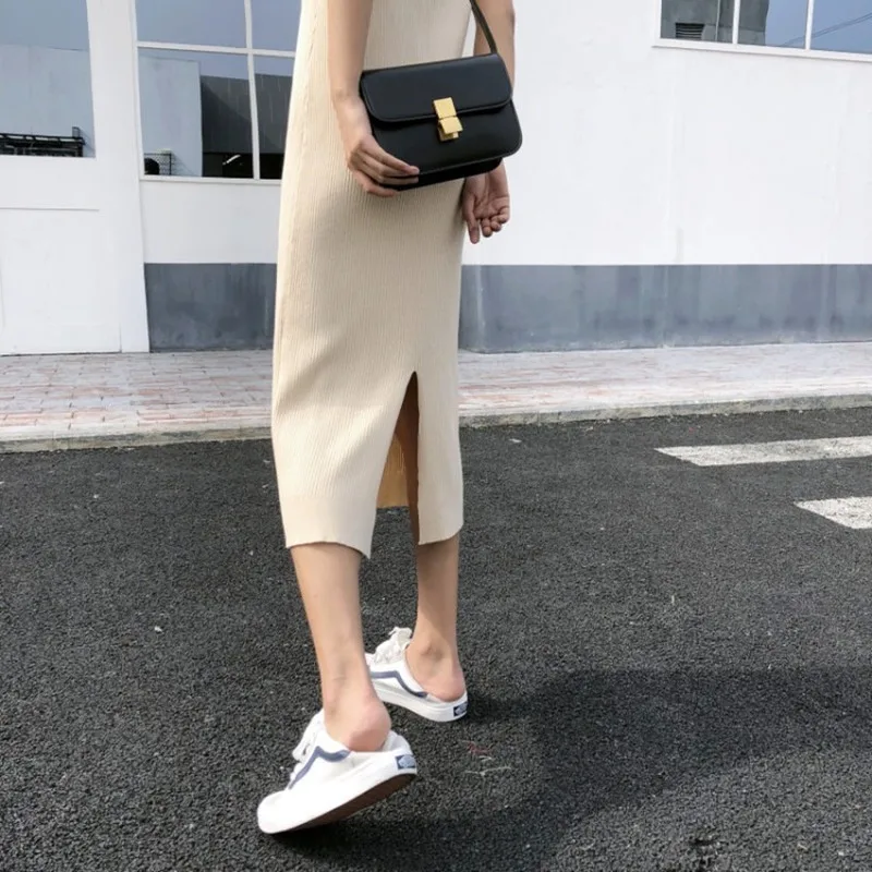 

Spring New Elegant Sleeveless Suspender Knitted Loose Slim Solid Color Backless Split Dress Women's Slim V-neck Bottoming Dress