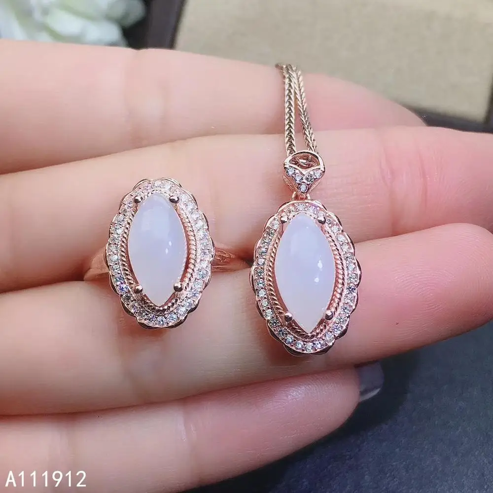 

KJJEAXCMY fine jewelry natural white jade 925 sterling silver women pendant necklace ring set support test popular