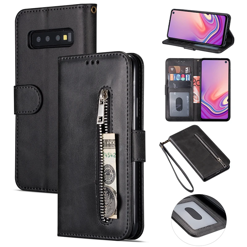 Black Кожаный флип-кошелек A50 A70 A10 A20 E A30 A40 чехлы на молнии для samsung Galaxy S9 Plus S8 S10 S7 S6 Edge Note 10+ 8 9 чехол Mujer - Цвет: Black