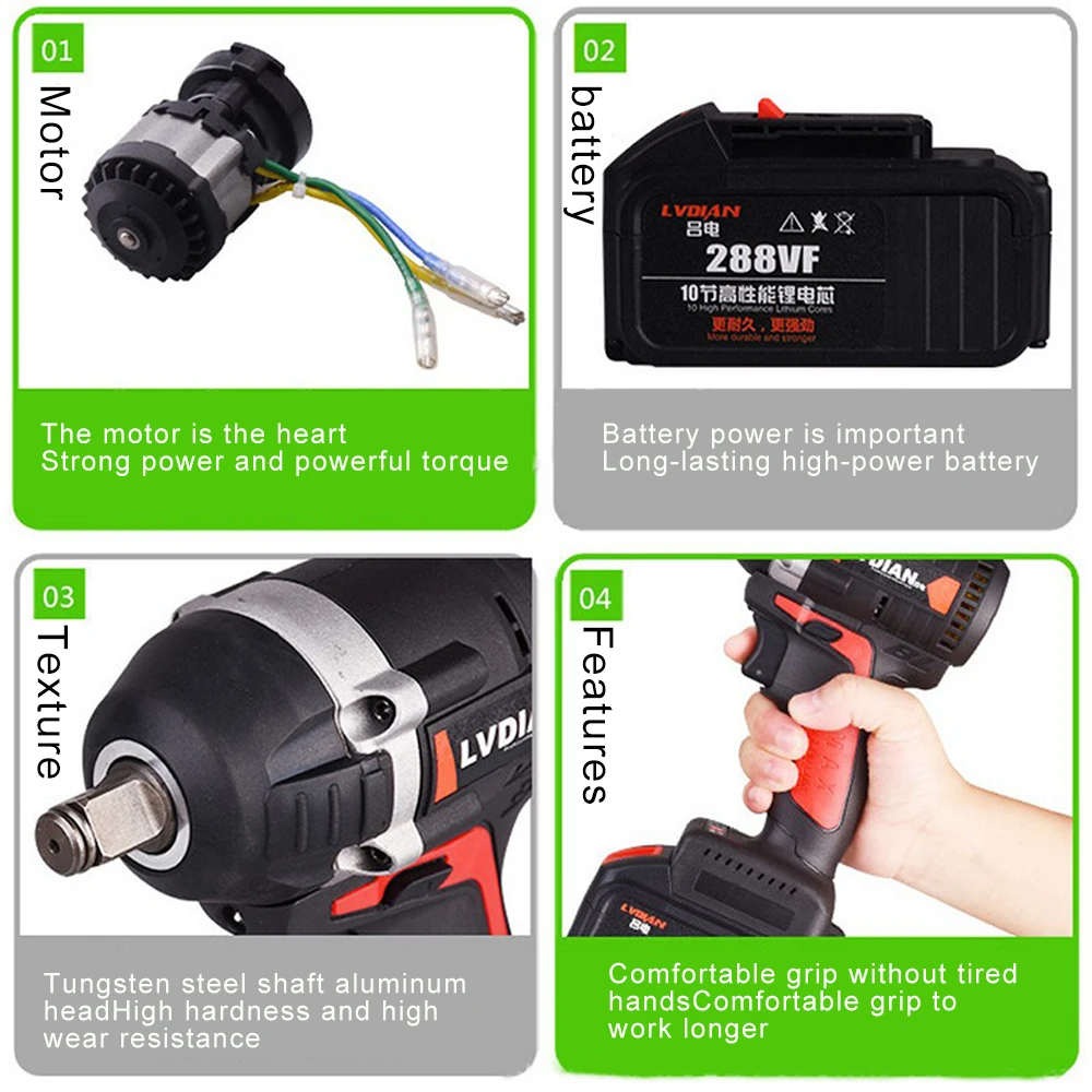 

288VF 500N.M Socket Wrench Brushless Cordless Impact Electric Wrench Li ion Battery Home Car/SUV Wheel Power High Torque Tools