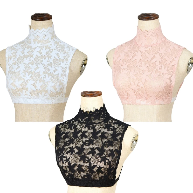 

Women Maple Leaf Lace Fake Collar Turtleneck Sheer Mesh Detachable Half Shirt Decorative Pullover Crop Top Tank Vest