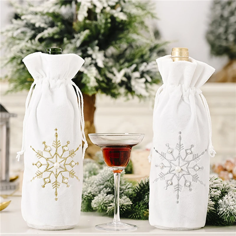 

Christmas Snowflake Champagne Red Wine Bottle Cover Drawstring Bag Decor For Christmas Decoration Wedding Birthday Travel