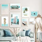 Морской пляж автобус доски для серфинга пальмовые деревья летняя настенная живопись холст скандинавские постеры и принты настенные картины для декора гостиной