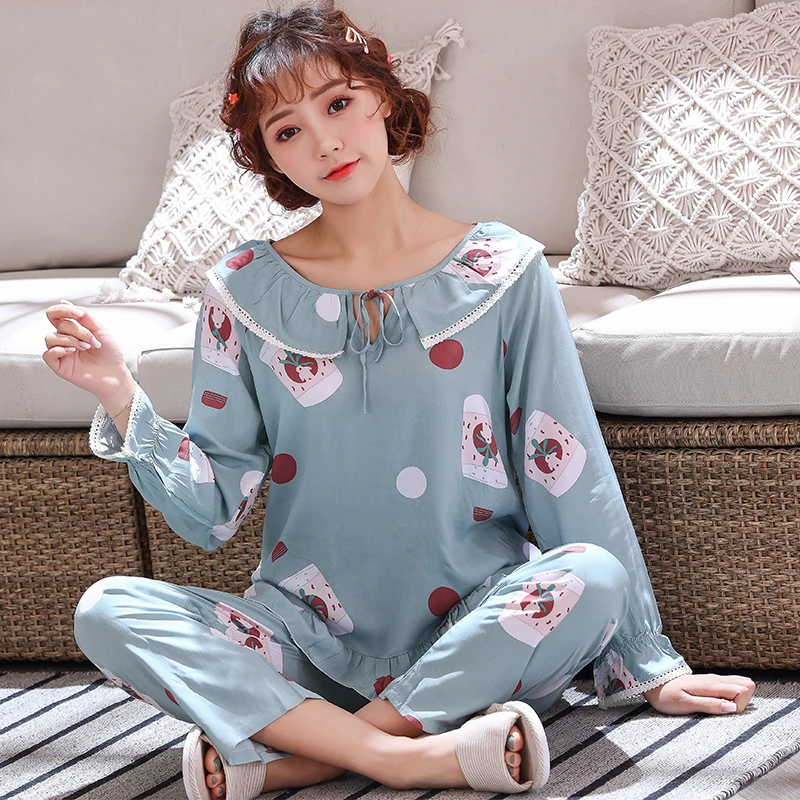 

Spring And Summer Nighties Ins Korean Sweet And Cute Artificial Cotton Sleepwear Pajamas Women Cotton Long-Sleeved Suit
