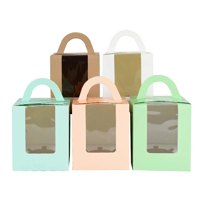 

5pcs Muffin Cake Box Portable Square With Window Baking Dessert Gift Packaging Box Handle Cupcake Carton Birthday Wedding Supply