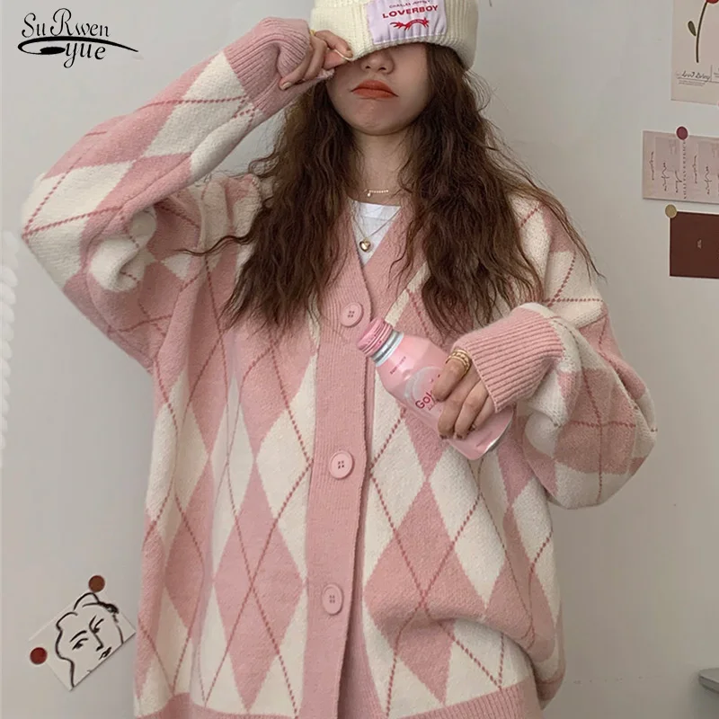 

Knitted V-neck Sweater Argyle Cardigan Korean Oversize Cardigan Tops Women Loose Single Breasted Students Lovely Knitwear 17068