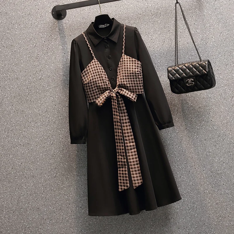 

SuperAen Plus Size Autumn New Fashion Loose Slim Fake Two Full A-LINE Casual Turn-down Collar Dresses for Women