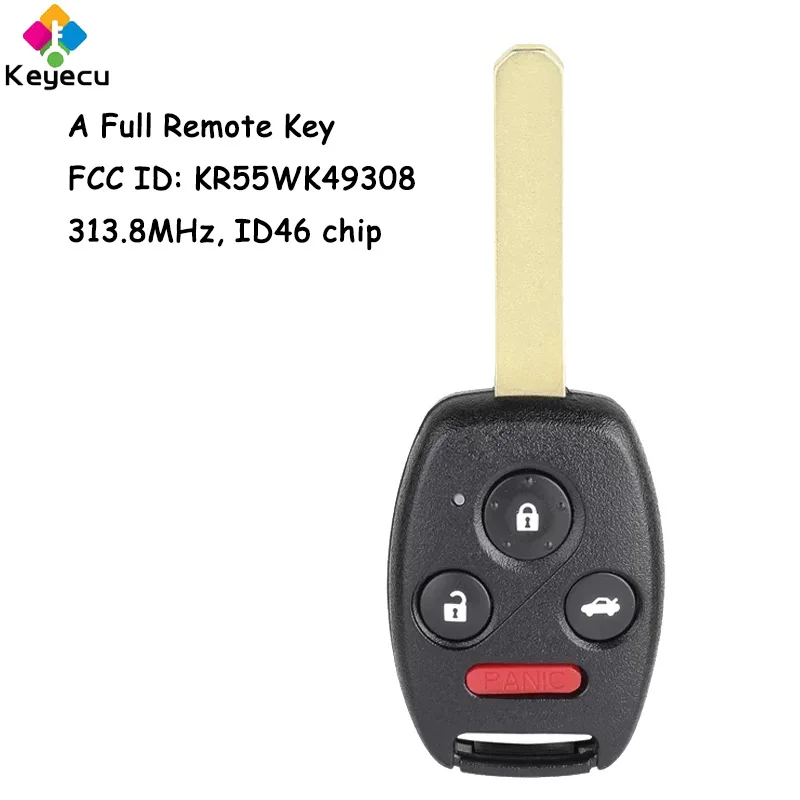 

KEYECU Remote Control Car Key With 4 Buttons 313.8MHz ID46 Chip for Honda Accord 2008 - 2012, Pilot 2009 - 2015 Fob KR55WK49308