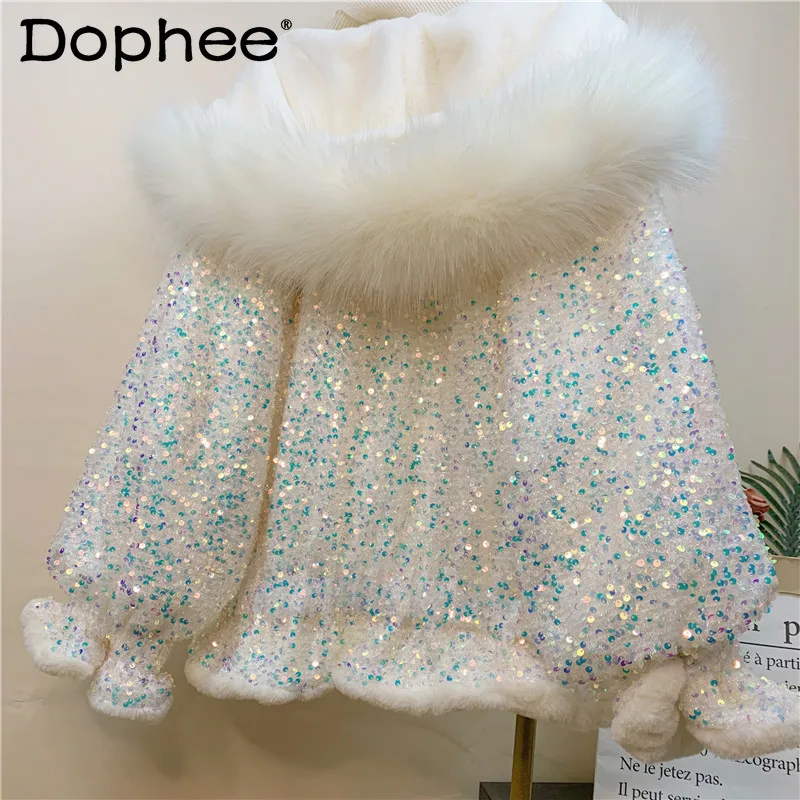 

Loose Thick Fur Collar Sequined Cotton-Padded Jacket Women Short Puffer Jacket Coat Student Outerwear 2021 New Winter Parkas