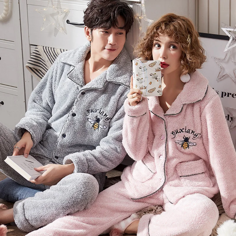 Осенне-зимняя теплая Фланелевая пижама с длинным рукавом для мужчин и женщин