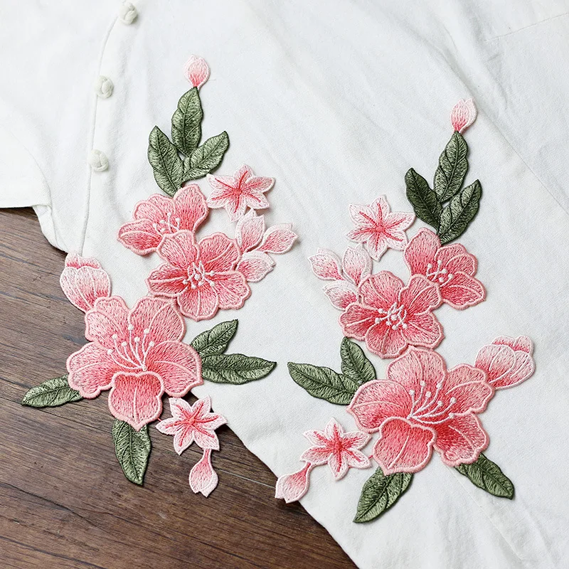 

High quality Embroidery Pink flower Patches for clothing 3D water soluable Embroidered sew on parches applique for folk dresses