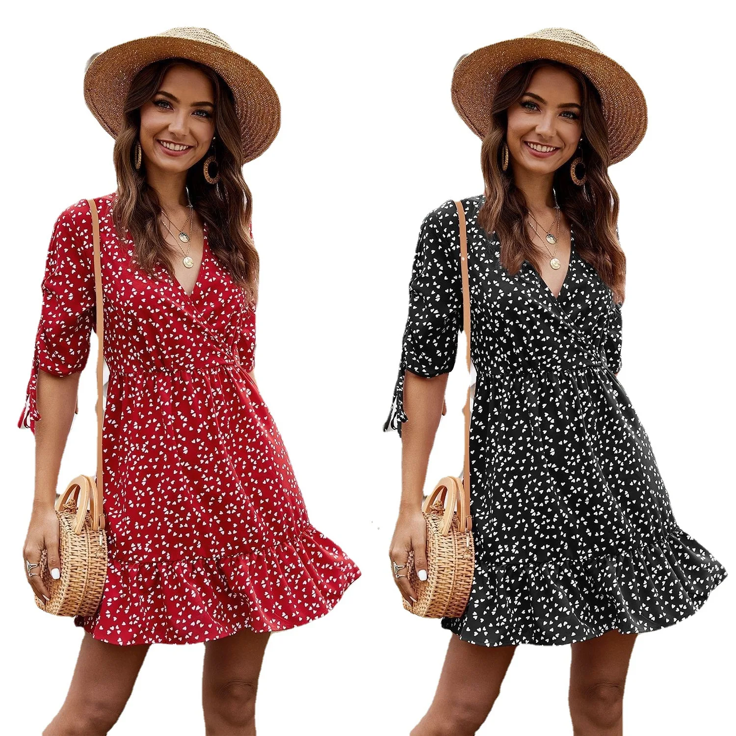 

Женские платья с V-образным вырезом, элегантное платье с оборками по краям, милое платье, стандартное платье, ТРАПЕЦИЕВИДНОЕ ПЛАТЬЕ с принто...