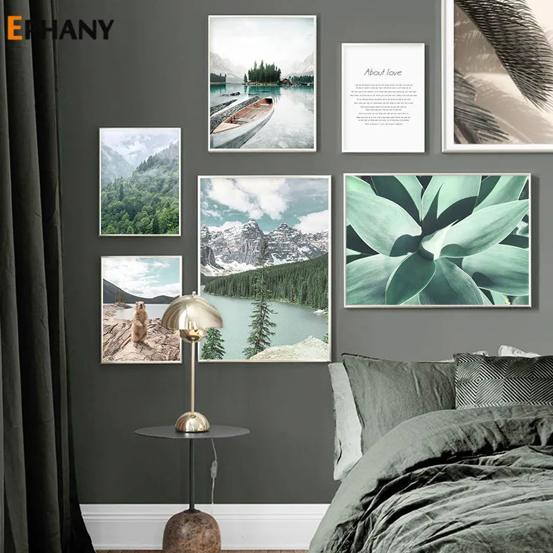 Северный горный лес природа пейзаж холст картина лодка озеро зеленый завод Бивер