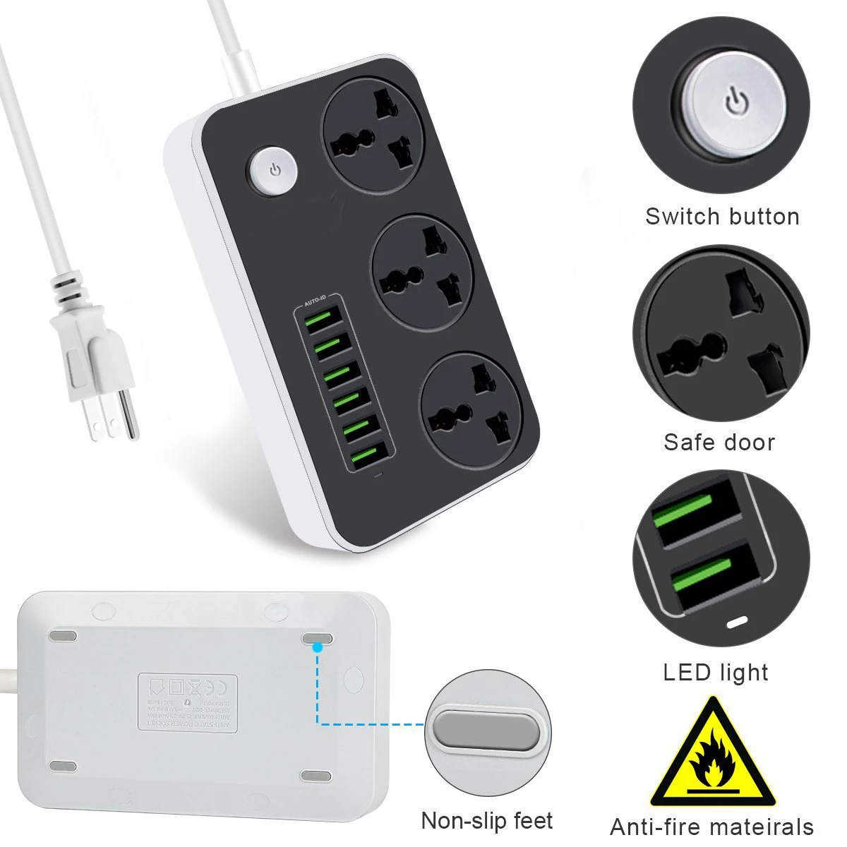 Блок питания универсальная розетка 3 розетки 6 Быстрый USB 5V 3.4A 17W зарядная станция 2500W стабилизатор напряжения 6.5ft шнур автоматический выключатель