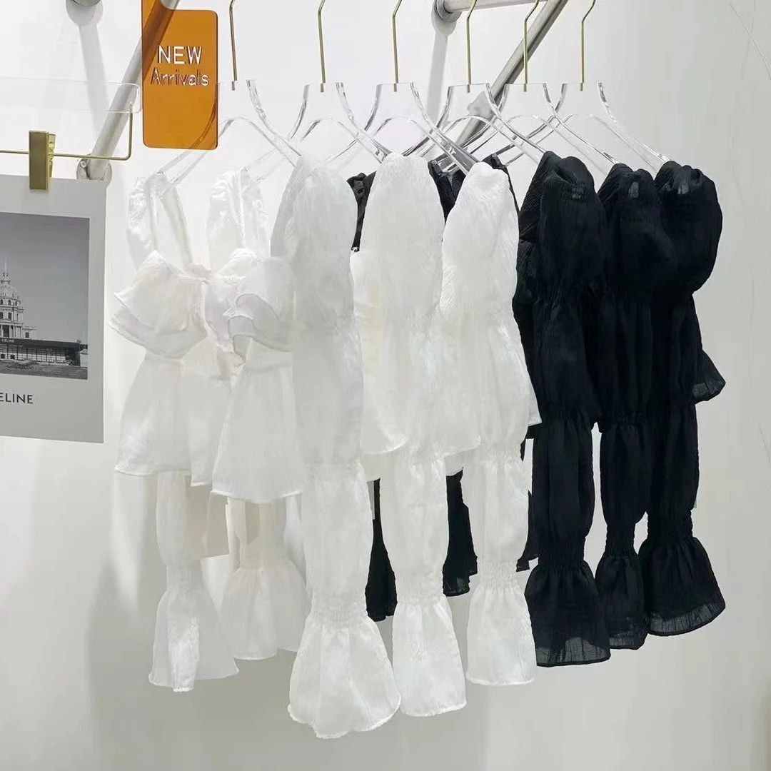 

W fan pleated bubble sleeve small shirt, women's summer collection waist, thin short Ruffle Square Neck Chiffon women shirts