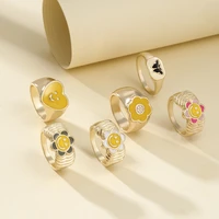 korean mini cute girl heart shaped smiley ring retro gold color flower butterfly ring party couple ring gift jewelry