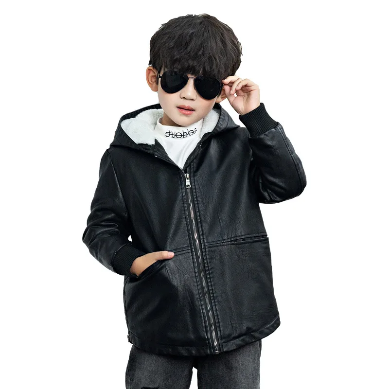 

Children Leather Jacket Baby Boys Girls Plus Velvet Padded Winter Coats Kids Faux Leather Hooded Warm Outwear