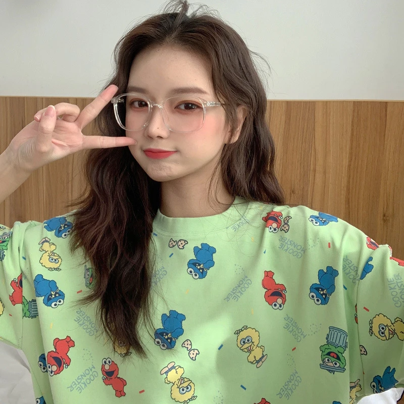 

Новая свободная женская футболка средней длины из чистого хлопка с мультипликационным принтом, рубашка в стиле Харадзюку, одежда в Корейск...