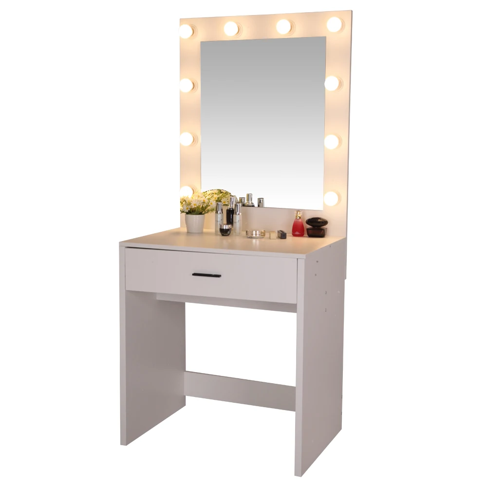 

Dressing Table Dresser With 10 Headlights Large Mirror Single Drawer MDF White/Black 70x50x77CM[US-Stock]