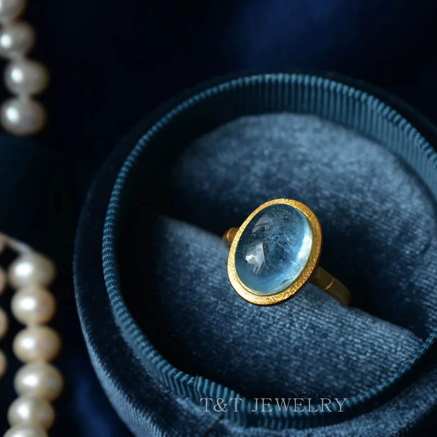 

Stone of Courage and Blessing Natural Aquamarine [S925 Sterling Silver] Gold Plated Crystal Stone Ring Adjustable
