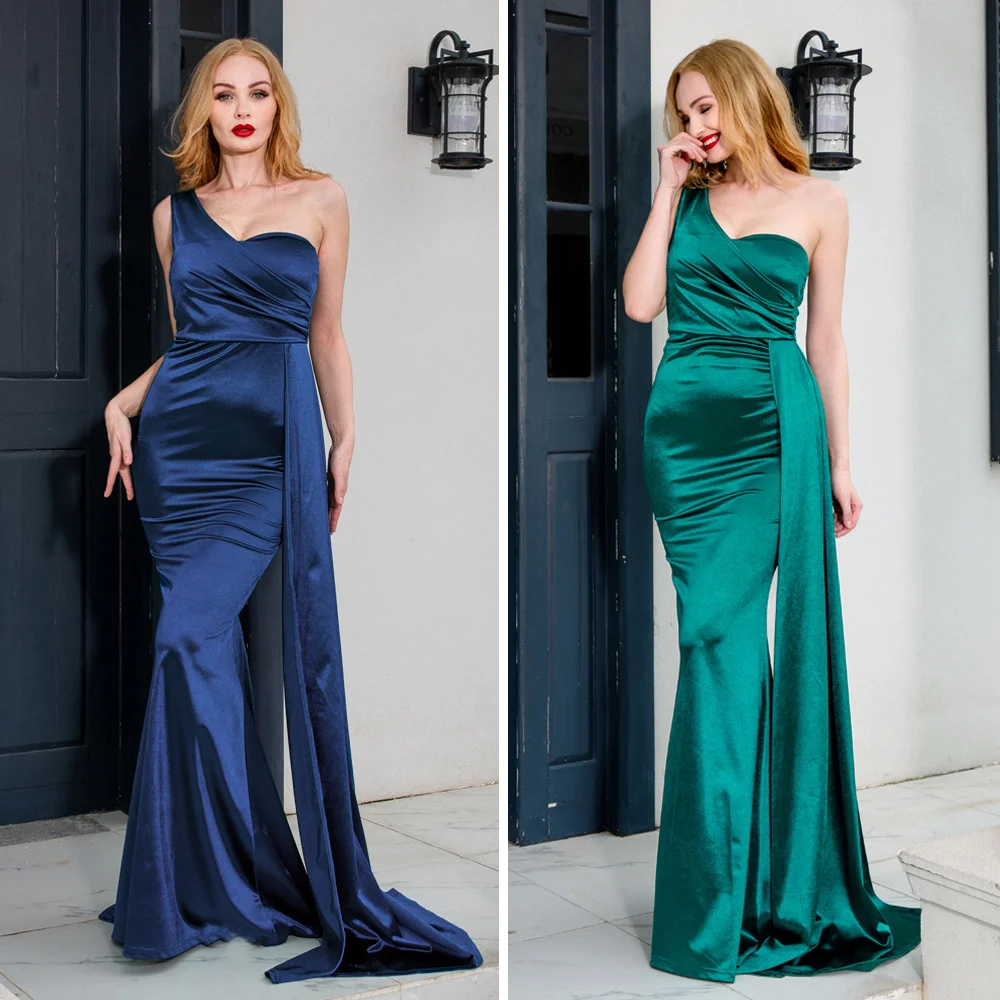 

Satin Evening Dresses For Women One Shoulder Fit And Flare Train On Waist Boned Bodice Formal Prom Party Bridesmaid Gowns
