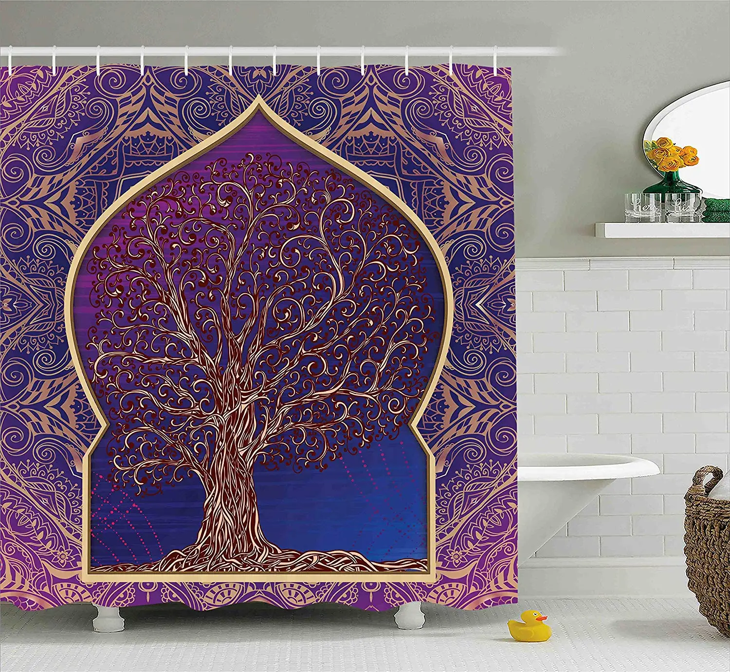Этническая занавеска для душа дерево с изогнутыми листьями средневосточная
