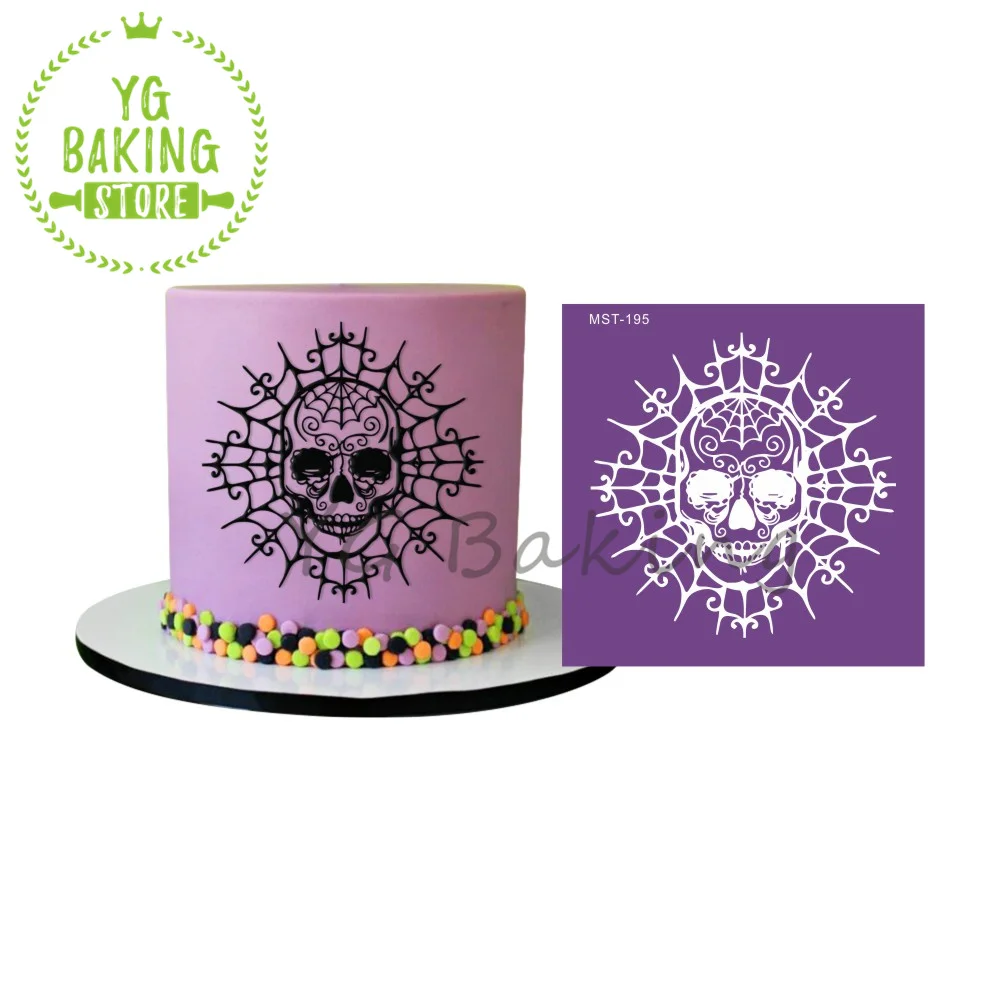 

Dorica Skull & Spider Web Mesh Stencil For Halloween Cake Decorating Tools Soft Fabric Cake Stencils Kitchen Tools Bakeware