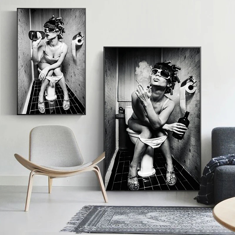 

Modern Wall Art Black White Poster And Prints Nordic Sexy Girl Sits In Toilet Painting Canvas Wall Picture For Toilet Home Decor