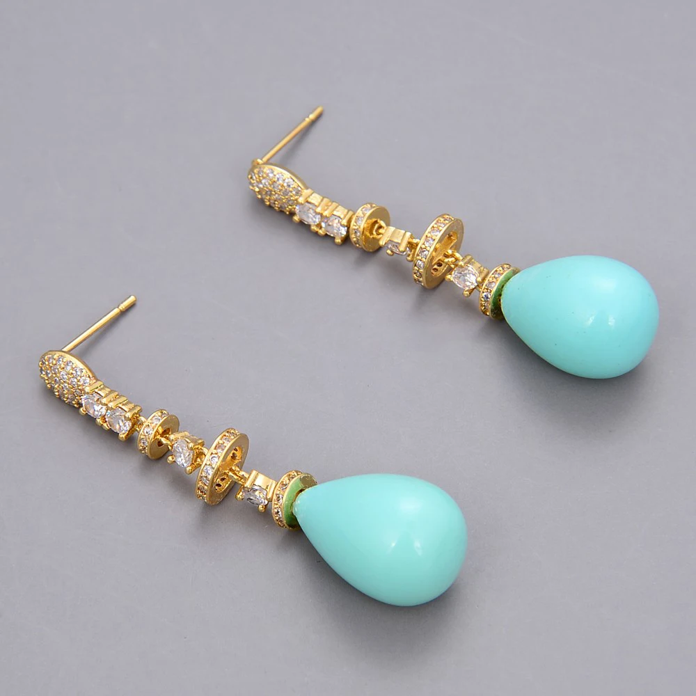 

Teardrop Turquoise Blue Sea Shell Pearl Yellow Gold Plated Earrings