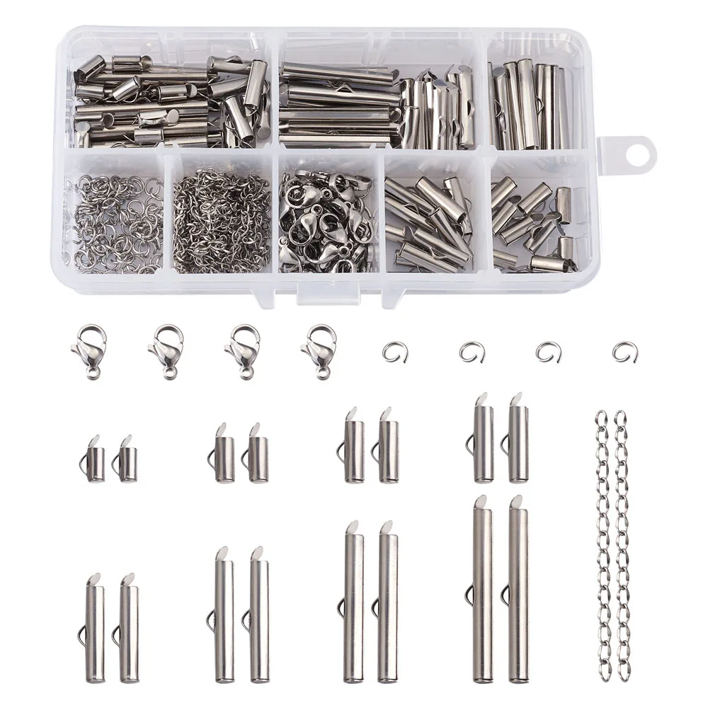 

260pcs/box Stainless Steel Crimp End Beads Slide On End Clasp Tubes Jump Rings Lobster Clasps Chain Extender DIY Jewelry Making
