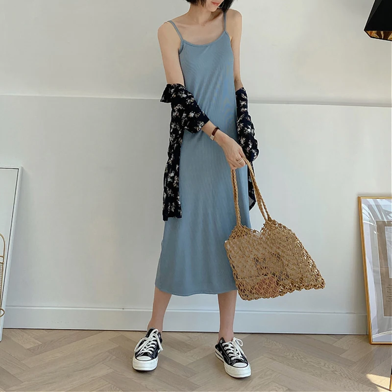 

Summer women's dress casual solid color suspender dress Vestidos
