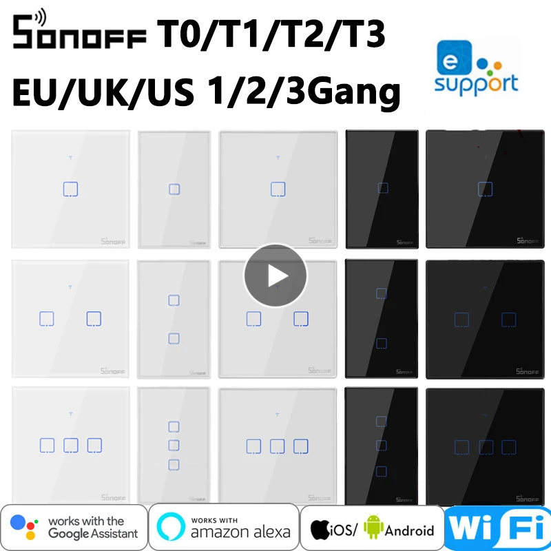 Умный настенный сенсорный выключатель SONOFF T1/T2/T3/T0 EU/UK/US 1/2/3Gang WiFi TX умный дом