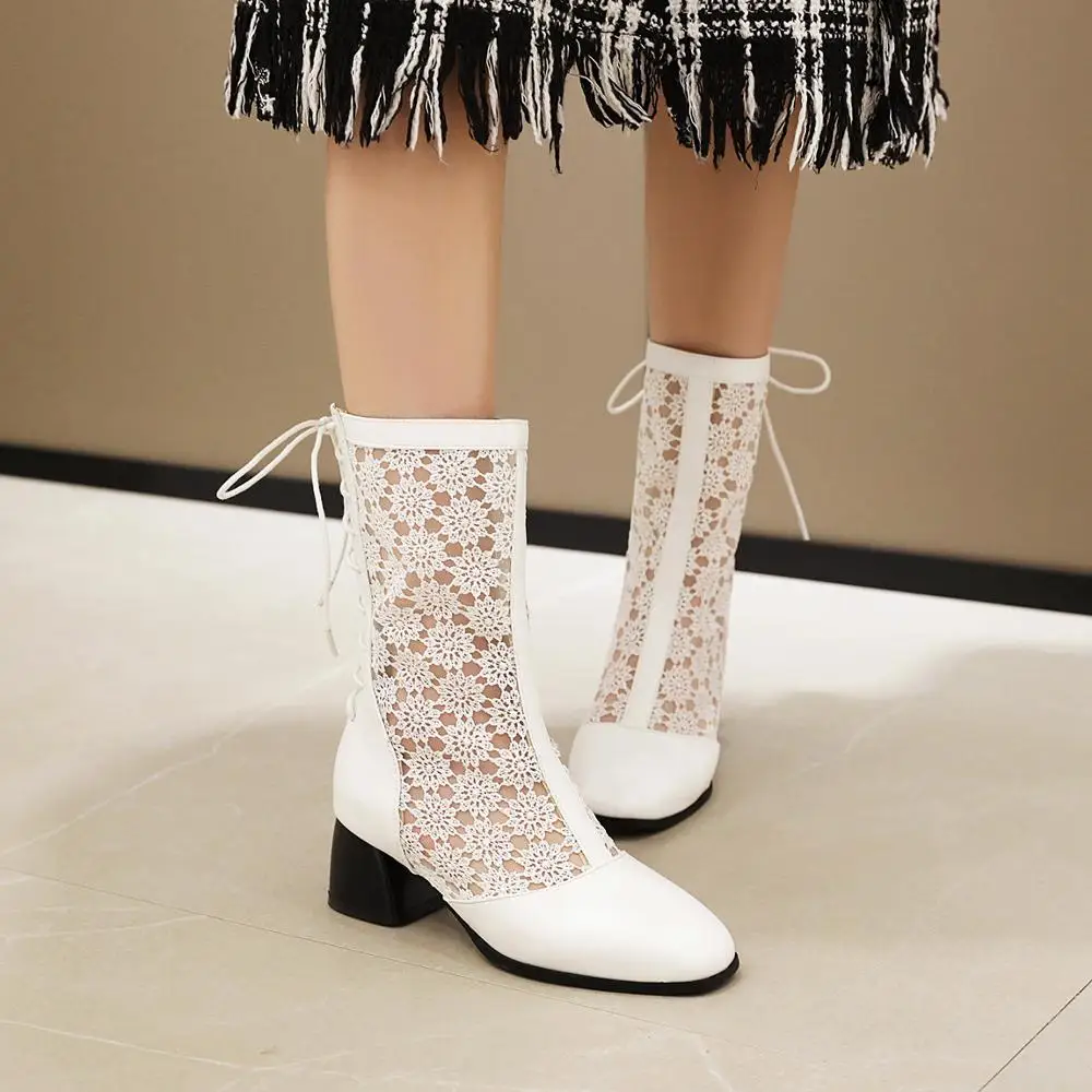 

Large Size Womens Shoes Sexy Lace Summer Boots Women Back Lace Up Ankle Work Boots Ladies Cross Tied Square Toe Solid Size 34-47