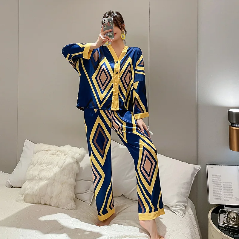 Women's Pajamas Set Super Big Rhombus Print Sleepwear Silk Like Nightwear Casual Homewear pajamas suit for women pijama mujerc