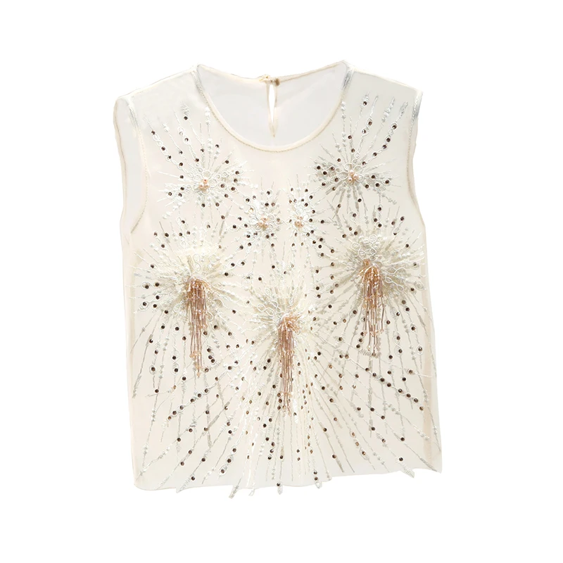 

Crop Top Women Summer New Heavy Embroidery Hot Drilling Sleeveless Vest Shirt Exposed Navel Tanks Nancylim