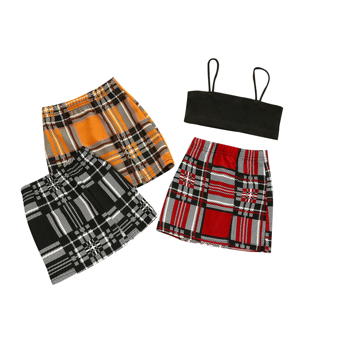 

Летний комплект из двух предметов для девочек, модный однотонный короткий топ и клетчатая короткая юбка А-силуэта