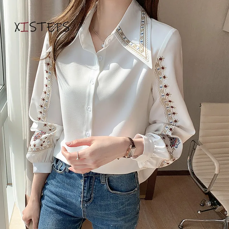 

Embroidered Women Shirt High Quality Female Elegant Blouses Ladies Work Wear Shirts White Beige Floral Clothings Chiffon Tops