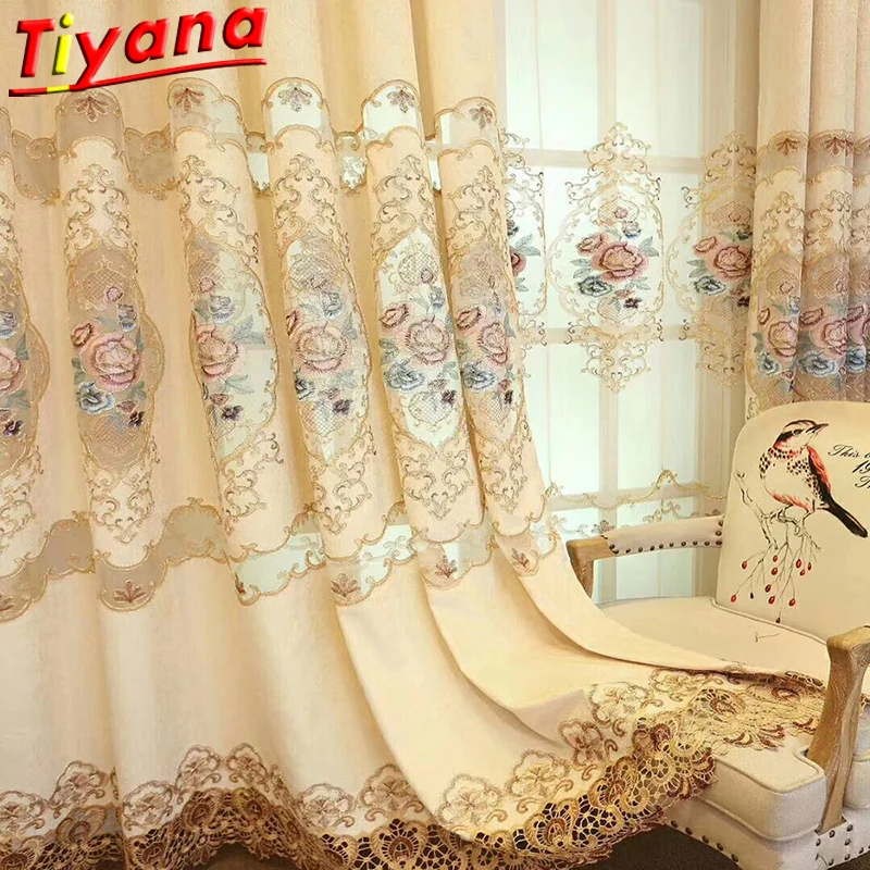 

Hotel Luxurious Peony Embroidery Tulle Curtains for Living Room Beige Semi-Blackout Curtains for Bedroom Villa X-M258#VT