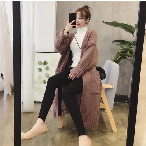 dark pink Женский свитер, кардиган, новинка, корейский свободный свитер, Женское пальто, сплошной цвет, вязанная длинная куртка, женская повседневная одежда - Цвет: dark pink