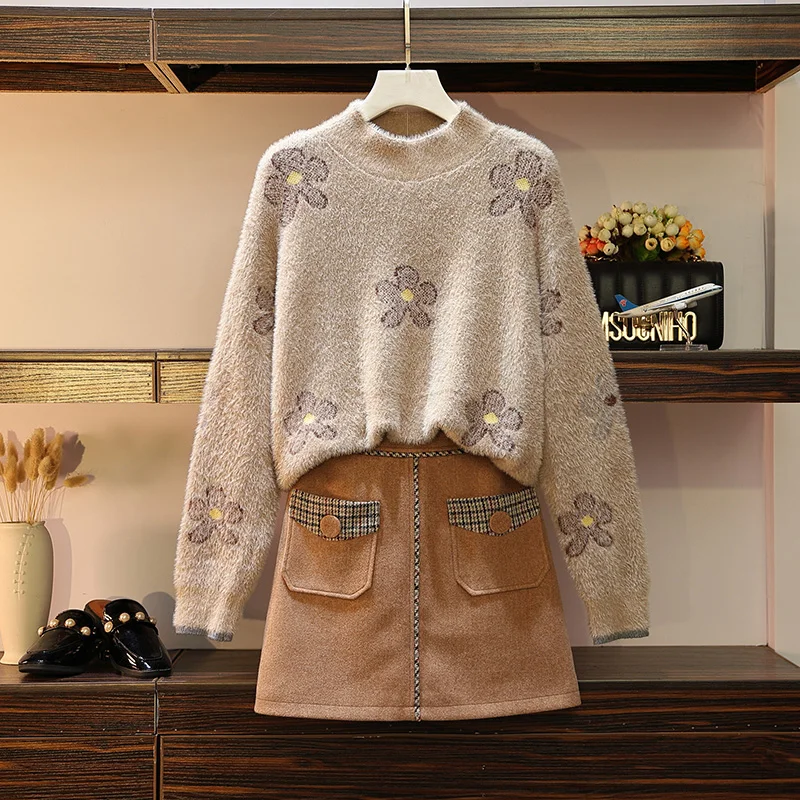 

Large Size Women's Wear New Fall And Winter Mink Sweater + Woolen Skirt