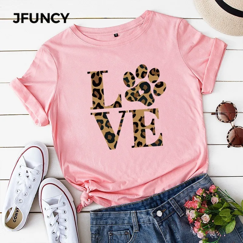 JFUNCY  Summer T Shirt Love Leopard Print Women Tshirt Casual Korean Style Graphic Hip Hop T-shirt Female Tees Tops