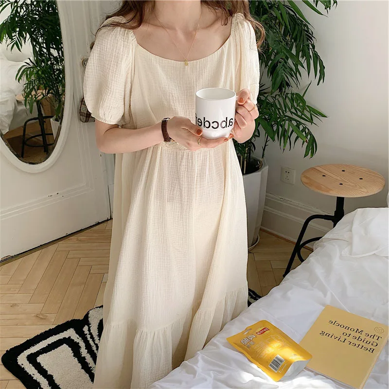2021 Summer New Korean Pure Cotton Long Skirt Bubble Sleeve Lace Nightgown Home Clothes Women's Nightdress Female Sleepwear
