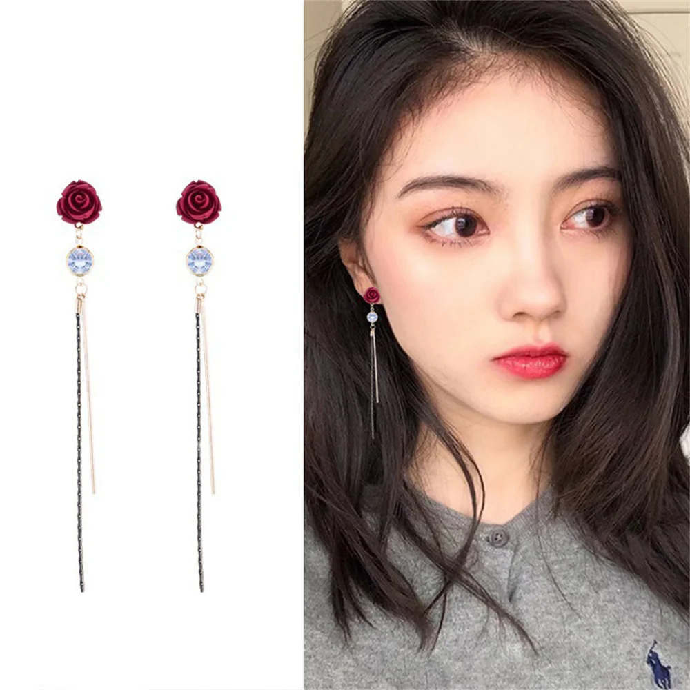 

Rose Petal Drop Earrings for Women Red Green Long Tassel Dangle Hanging Earrings Weddings Party Earings Fashion Jewelry 2022