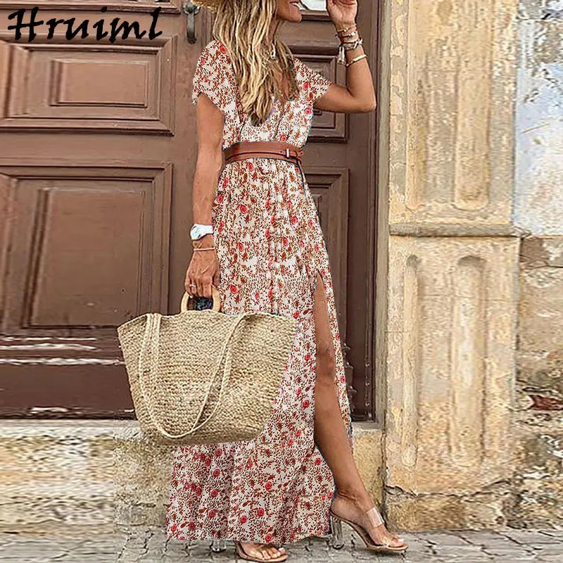 

Woman Dress Floral Print Short Sleeve V-Neck Sexy Summer Dress Bohemian Beach Holiday Long Dresses For Women Vestido De Mulher