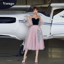 Verngo Retro vestidos de fiesta para señora, Vestido corto de fiesta de noche, mangas abombadas, Top de terciopelo, apliques de tul rosa, longitud hasta la rodilla, vestido de regreso al baile de graduación (2)
