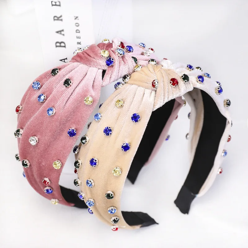 2019 винтажная красочная со стразами повязка для волос женщин тюрбан бархатная на